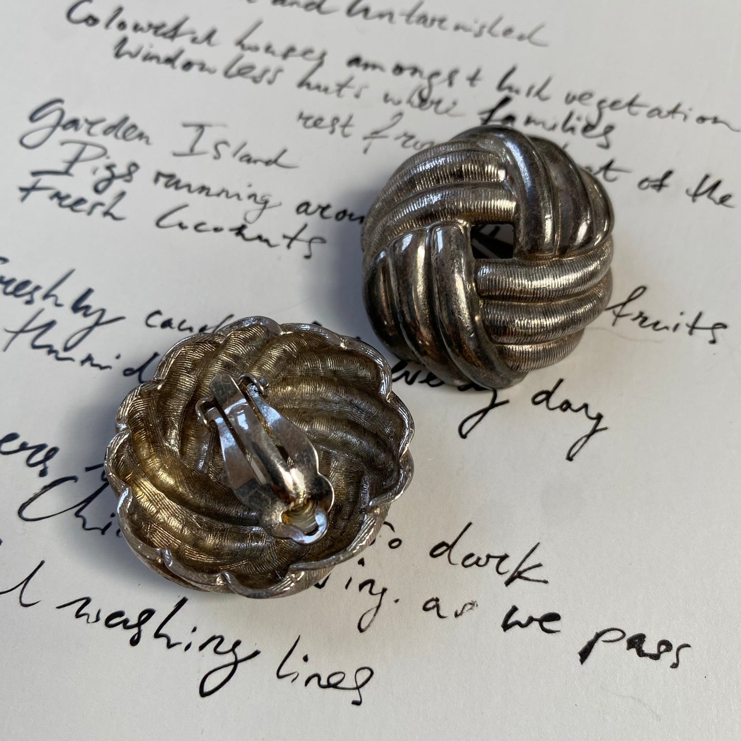 Vintage silver tone rope twist knot clip on earrings