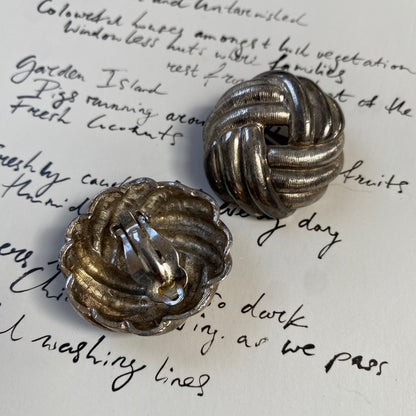 Vintage silver tone rope twist knot clip on earrings