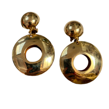 Load image into Gallery viewer, Vintage gold tone modern dome with dangling hoops clip on earrings
