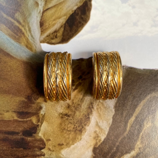 Vintage gold tone triple rope hoops clip on earrings