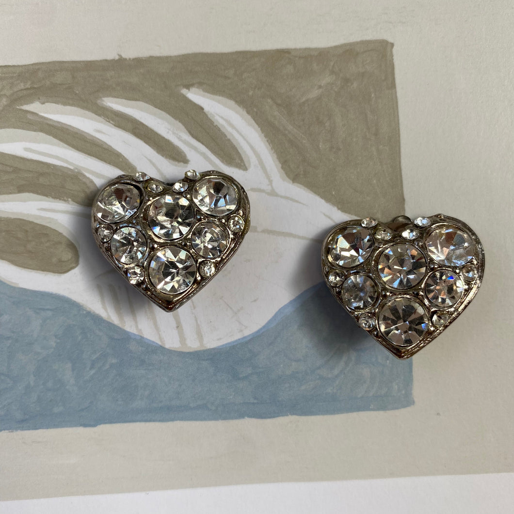 Vintage silver tone strass heart clip on earrings