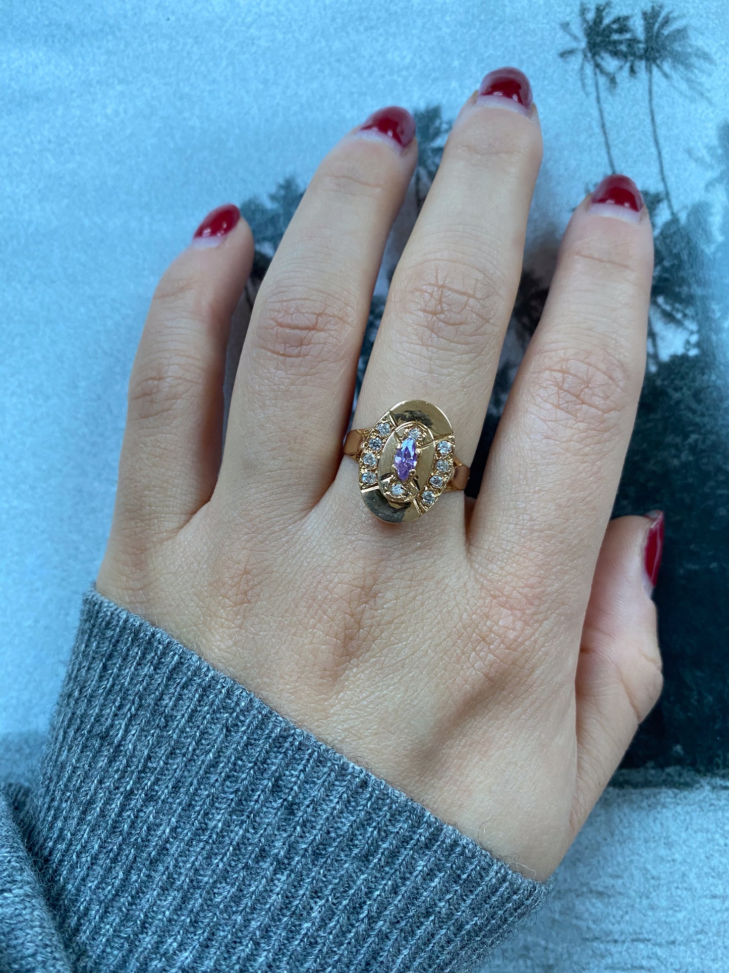18 carat diamond and amethyst oval art deco ring