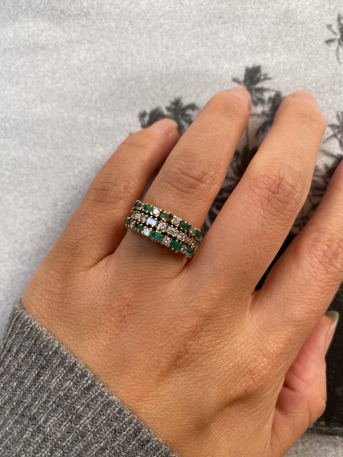 14 carat gold triple emerald and diamond ring