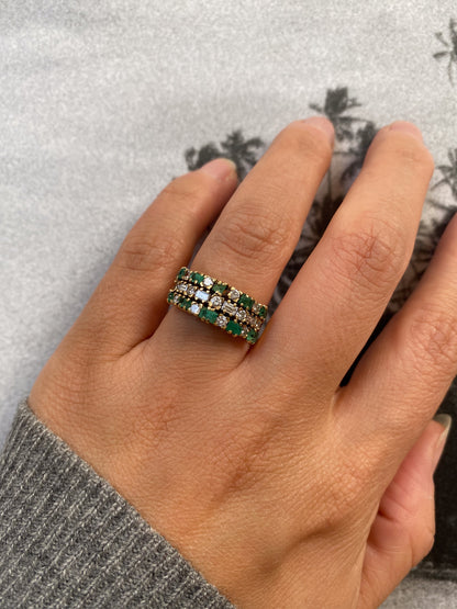 14 carat gold triple emerald and diamond ring