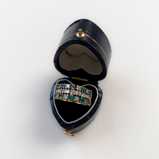 14 carat gold triple emerald and diamond ring