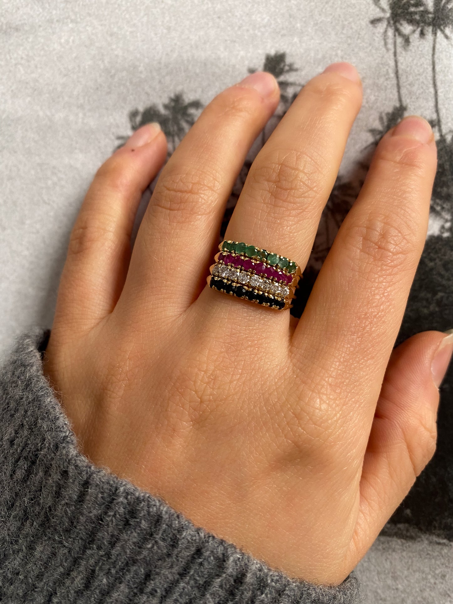 14 carat gold emerald ruby sapphire and zirkonia ring