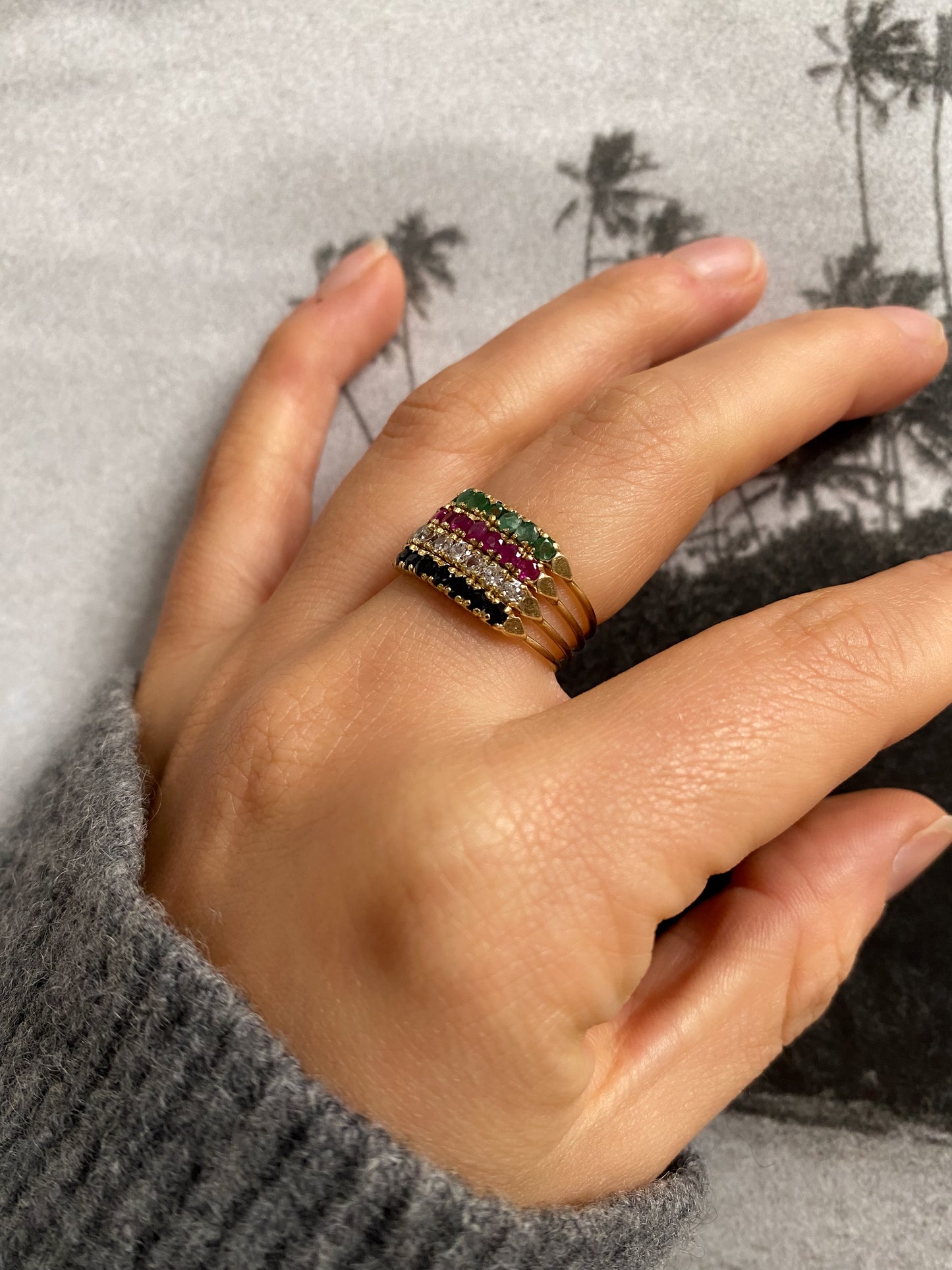 14 carat gold emerald ruby sapphire and zirkonia ring