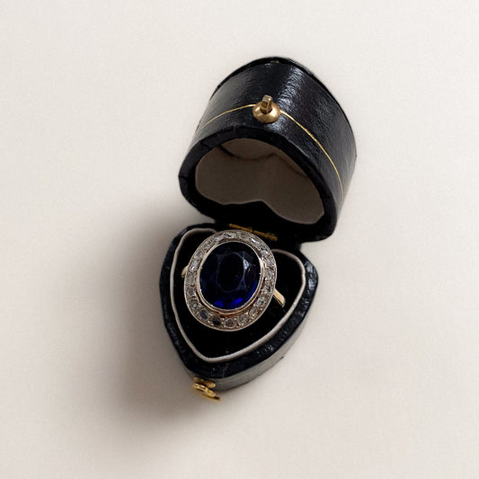 18 carat gold big sapphire and diamond cluster ring