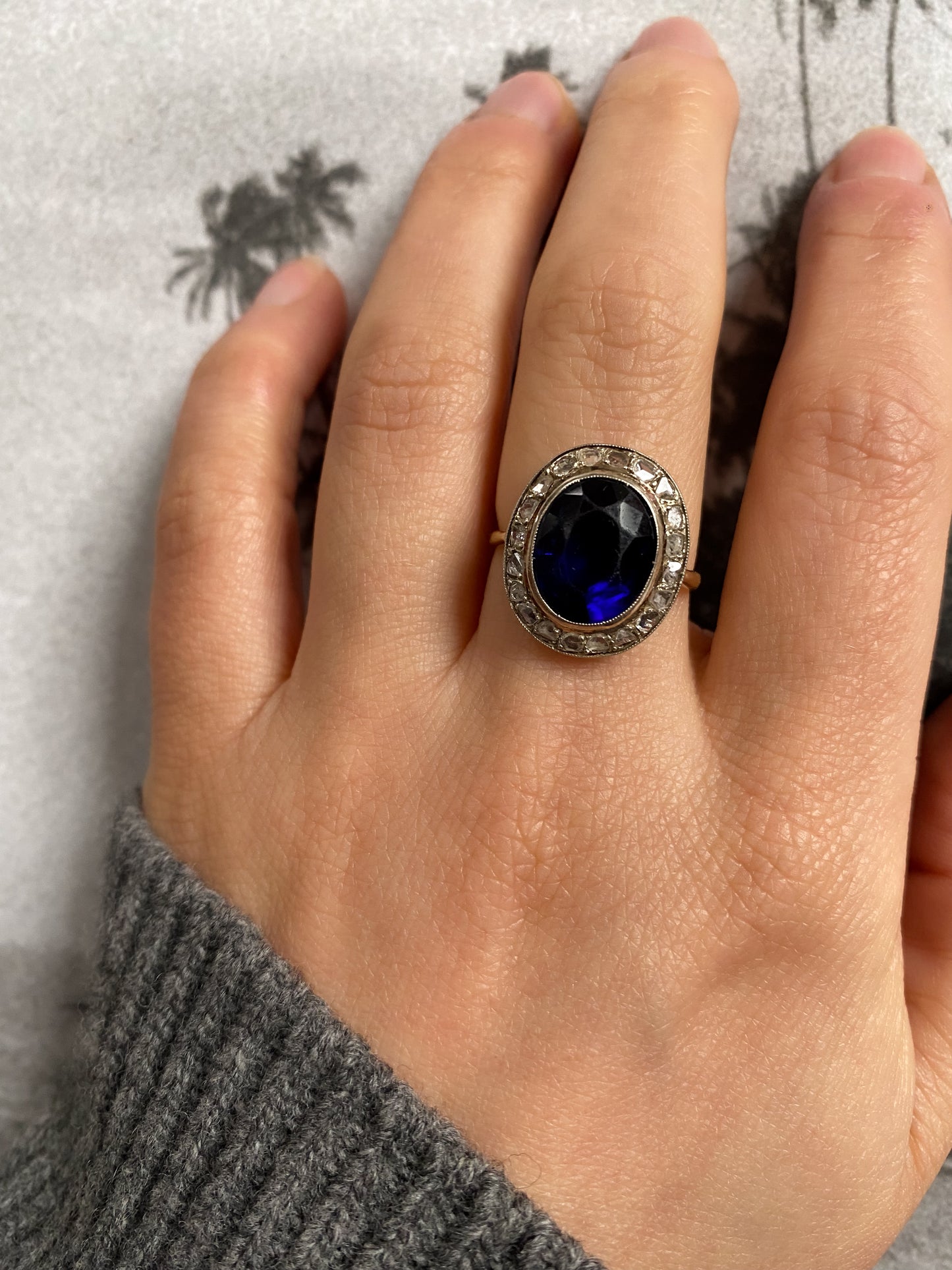 18 carat gold big sapphire and diamond cluster ring