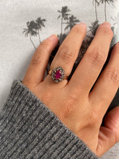 18 carat gold ruby and diamond cluster ring