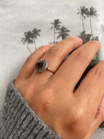 14 carat gold and silver rose cut citrine and diamond cluster ring