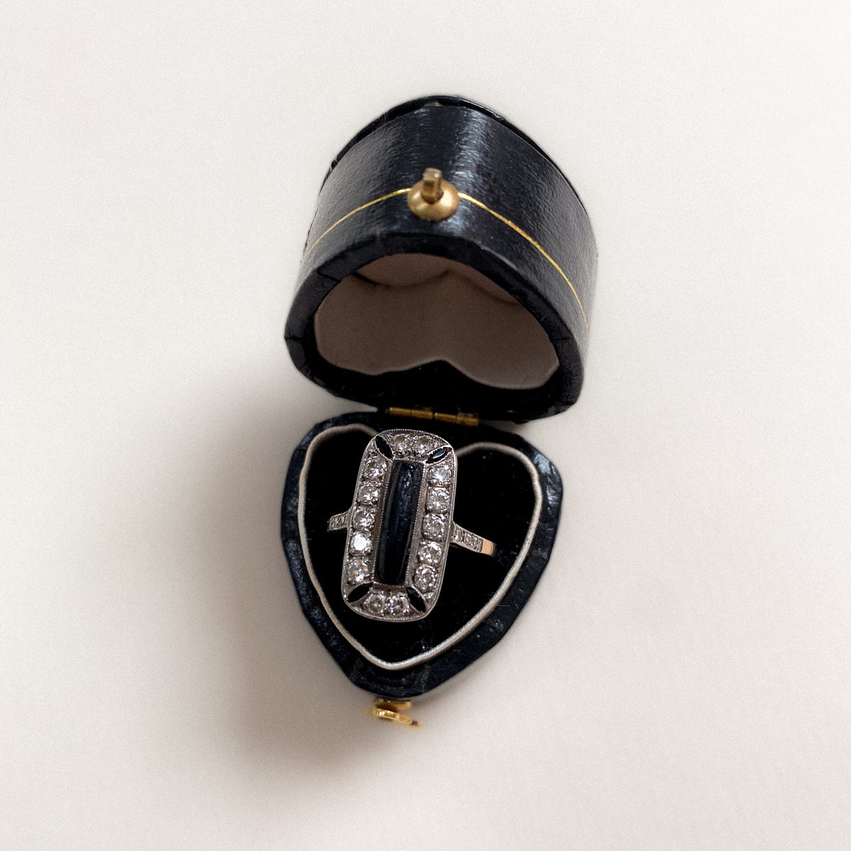 14 carat yellow and white gold art deco style onyx and diamond ring