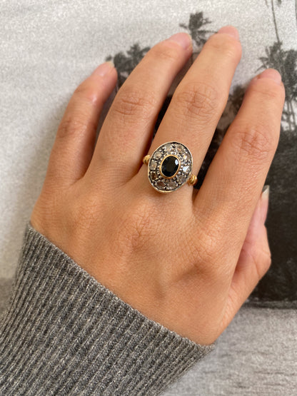 18 carat gold and silver statement sapphire and diamond cluster ring