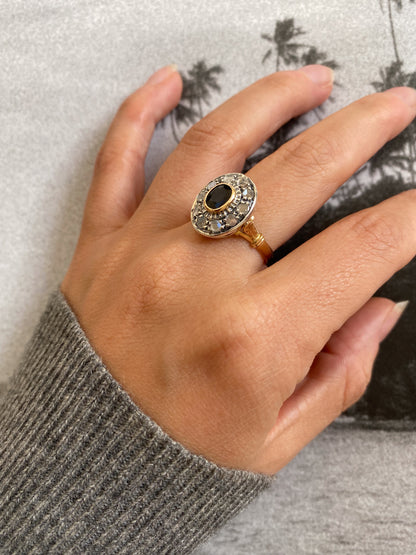 18 carat gold and silver statement sapphire and diamond cluster ring