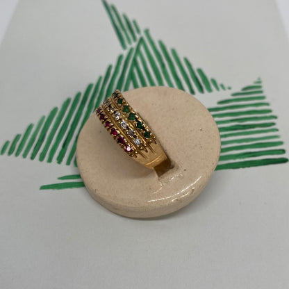 18 carat gold triple half eternity ring with ruby, diamond and emerald