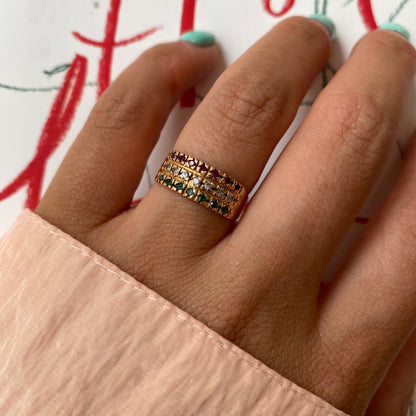 18 carat gold triple half eternity ring with ruby, diamond and emerald