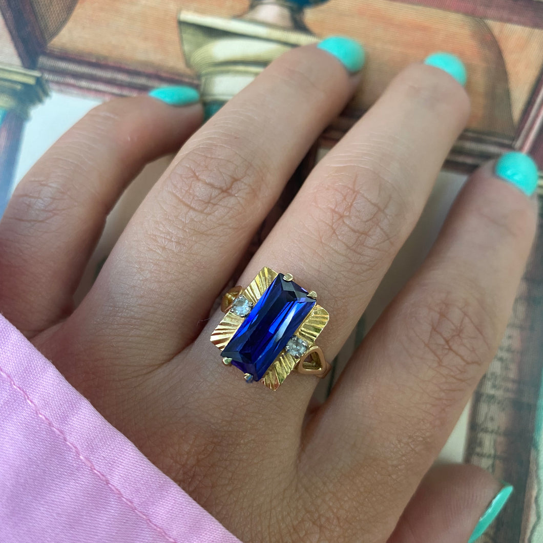 18 carat gold art deco style tanzanite and CZ ring