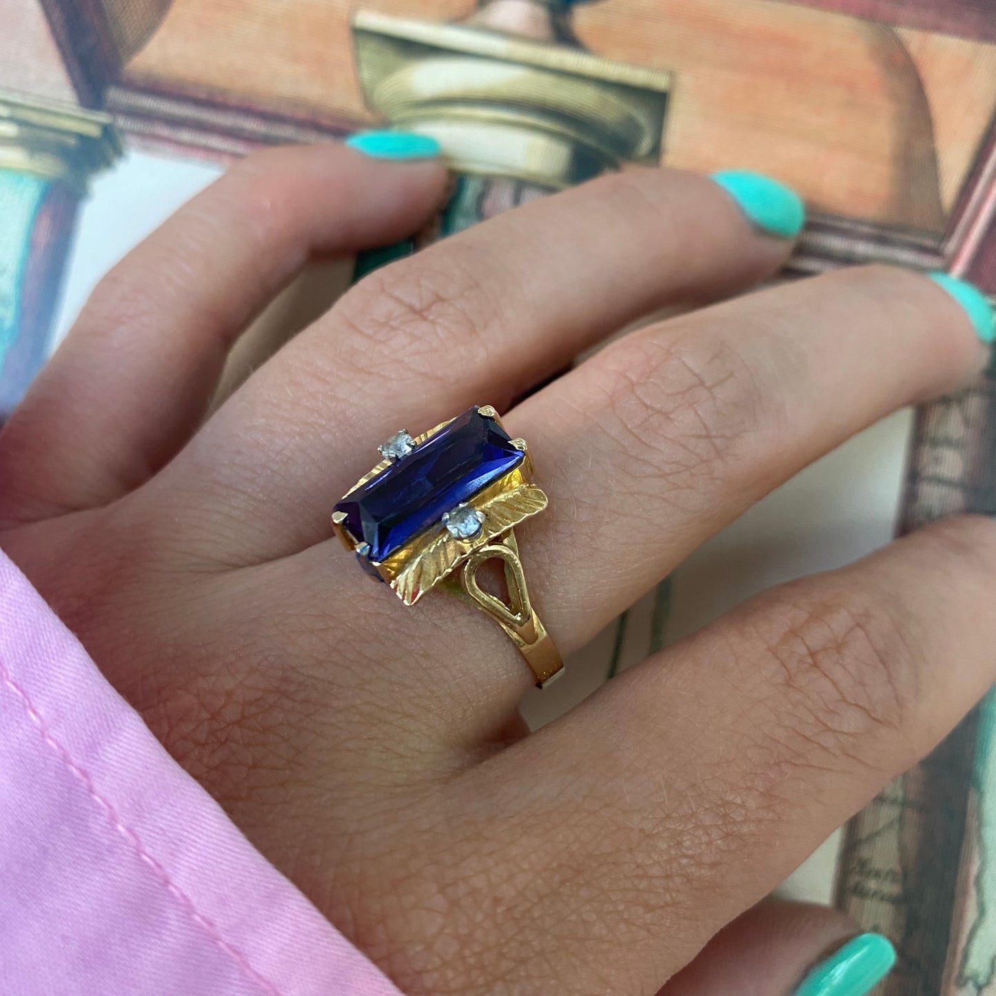 18 carat gold art deco style tanzanite and CZ ring