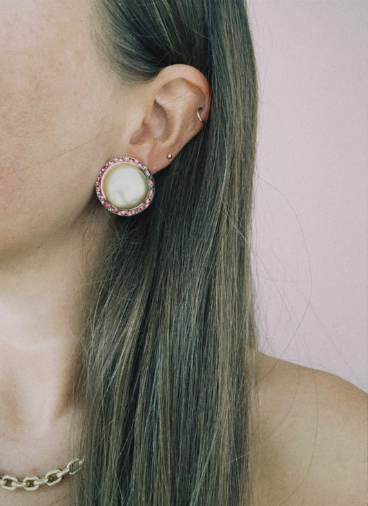 Vintage pink gem and pearl clip-on earrings
