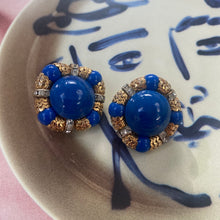 Load image into Gallery viewer, Vintage gold tone blue art deco clip-on earrings
