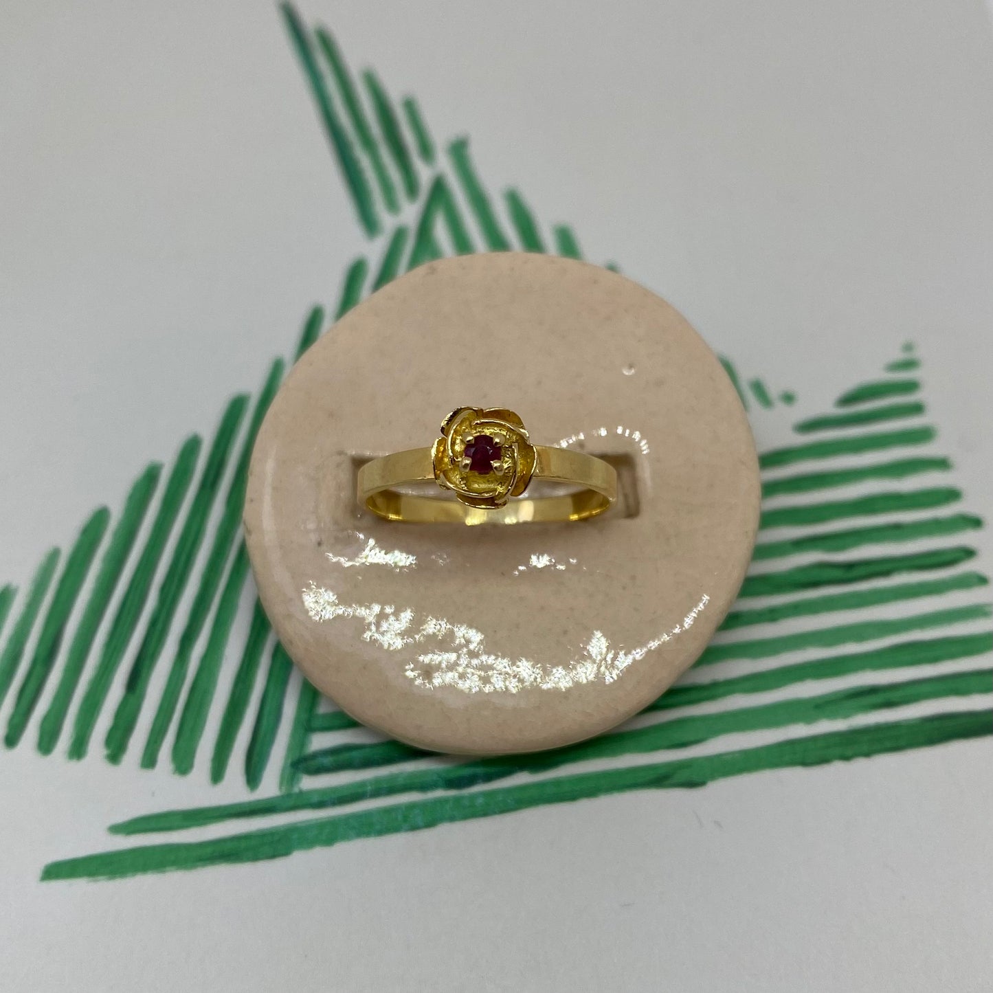 18 carat gold small rose with ruby ring