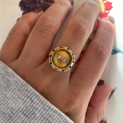 14 carat yellow and rose gold globe coin ring with diamonds