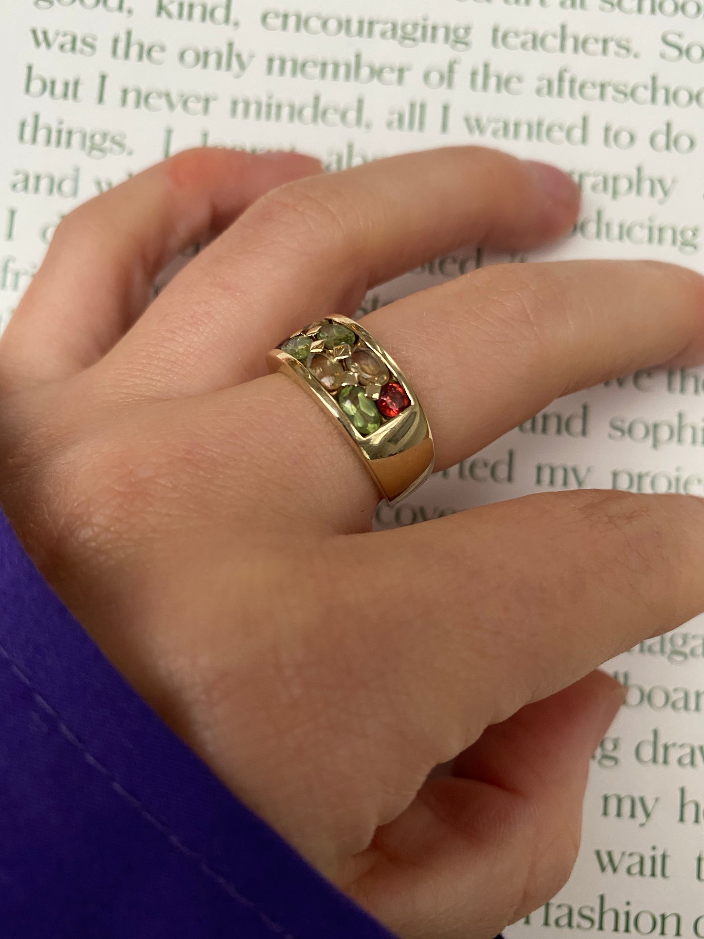 14 carat gold citrine, garnet and prasiolite ring