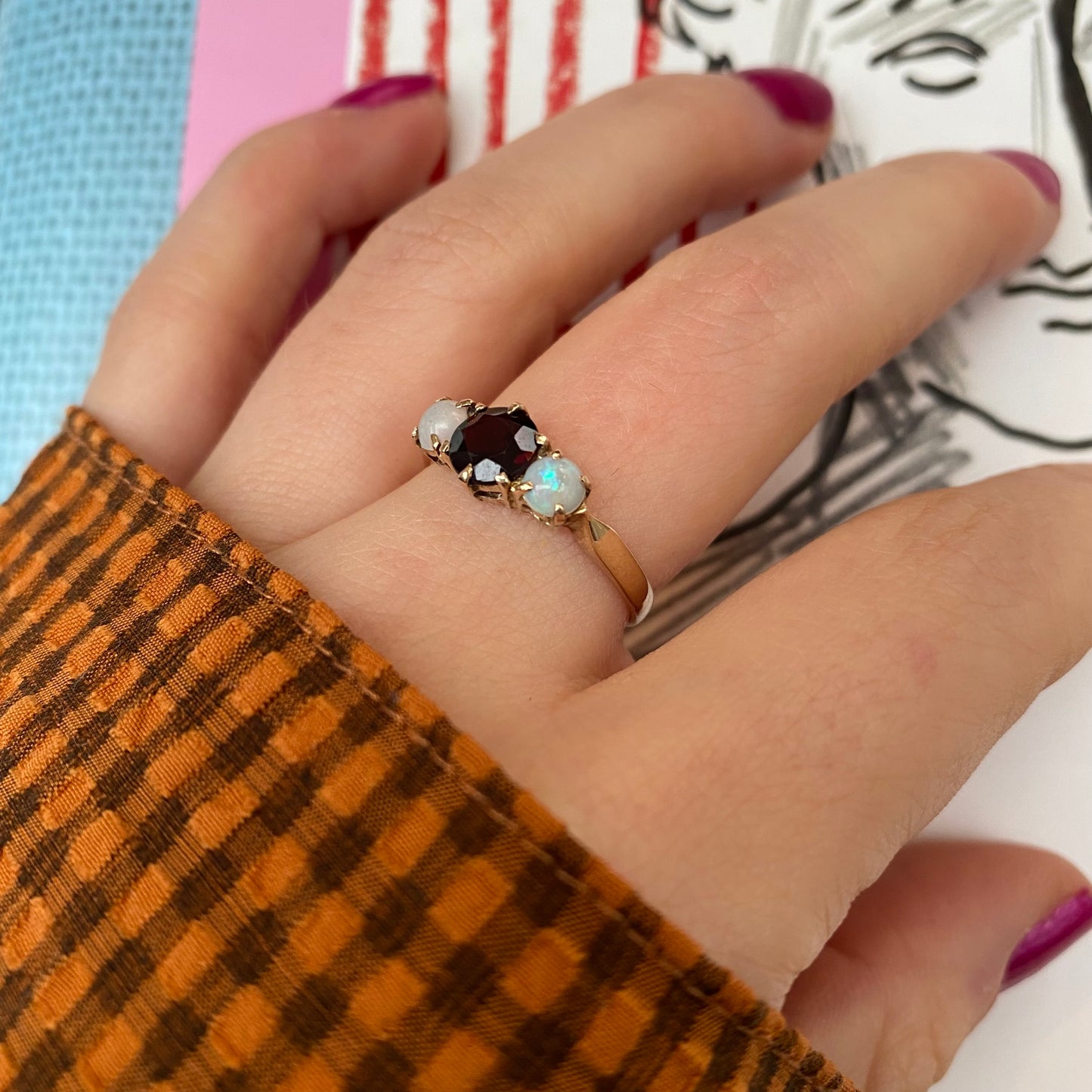 9 carat garnet and opal trilogy ring