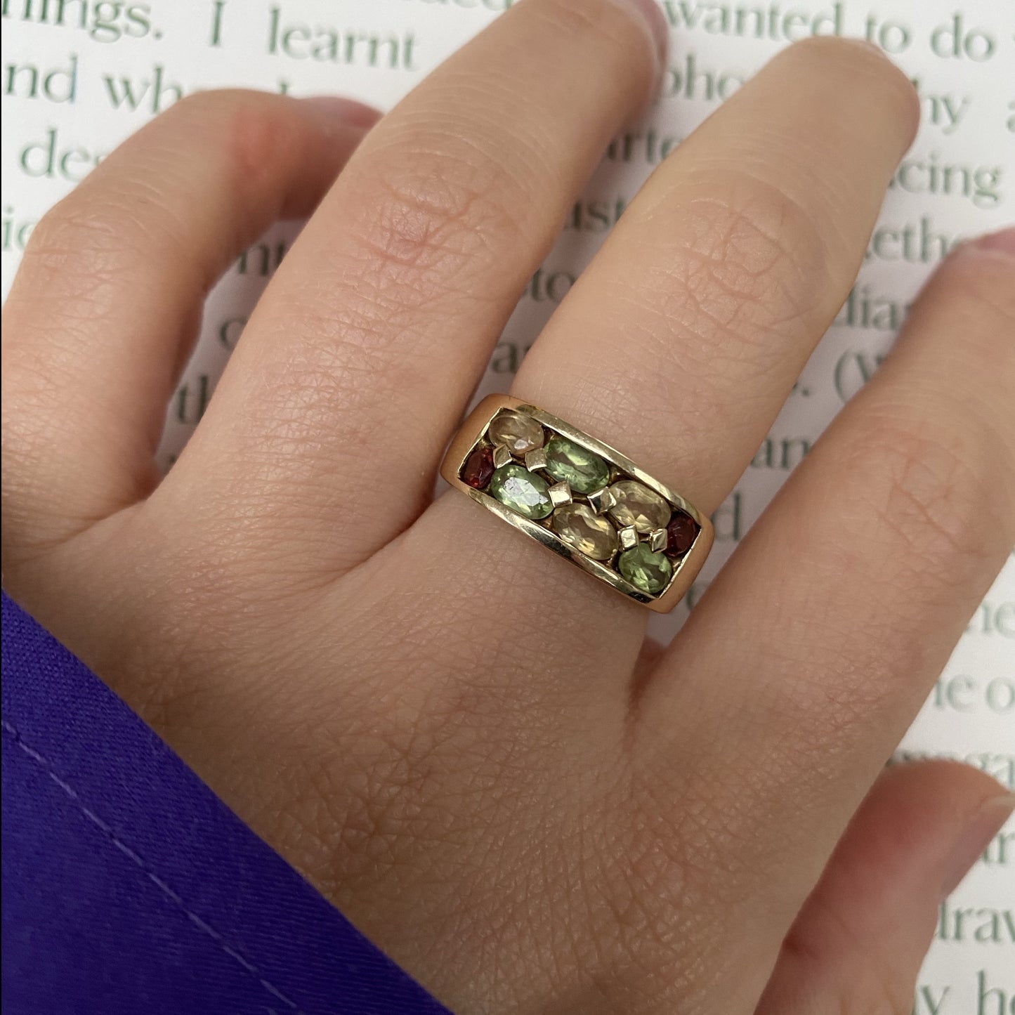 14 carat gold citrine, garnet and prasiolite ring