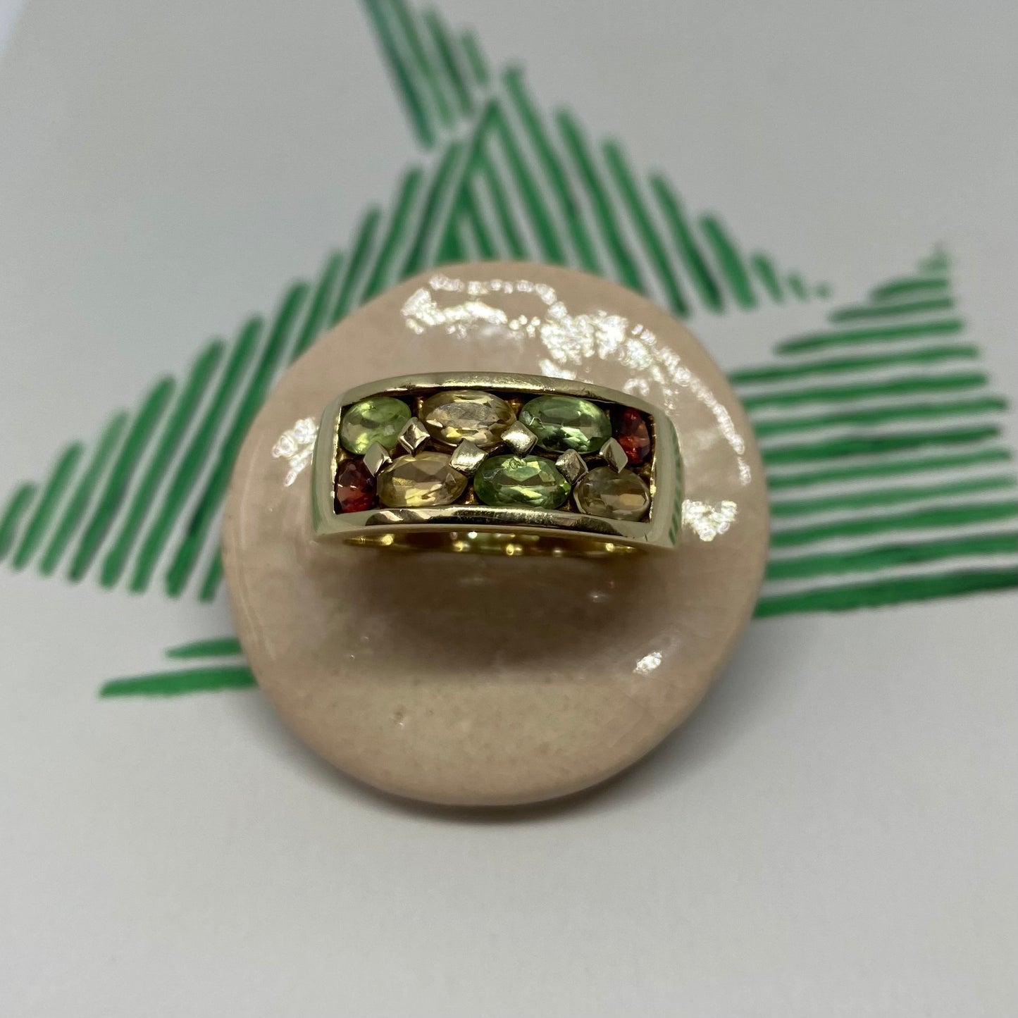 14 carat gold citrine, garnet and prasiolite ring
