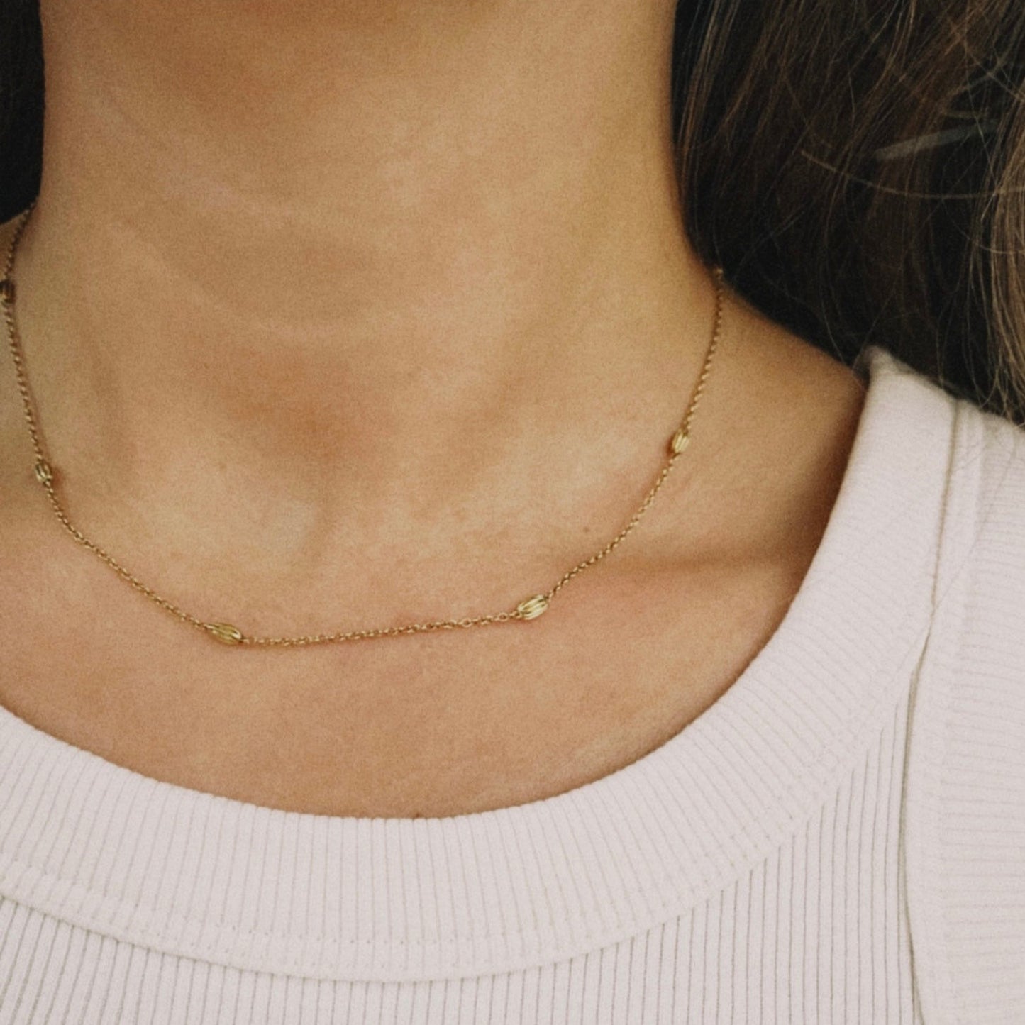 14 carat gold necklace with gold fennel seed beads
