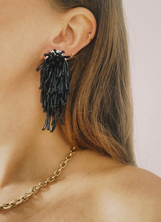 Vintage black beaded strings clip on earrings