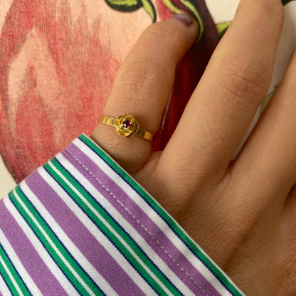 18 carat gold small rose with ruby ring